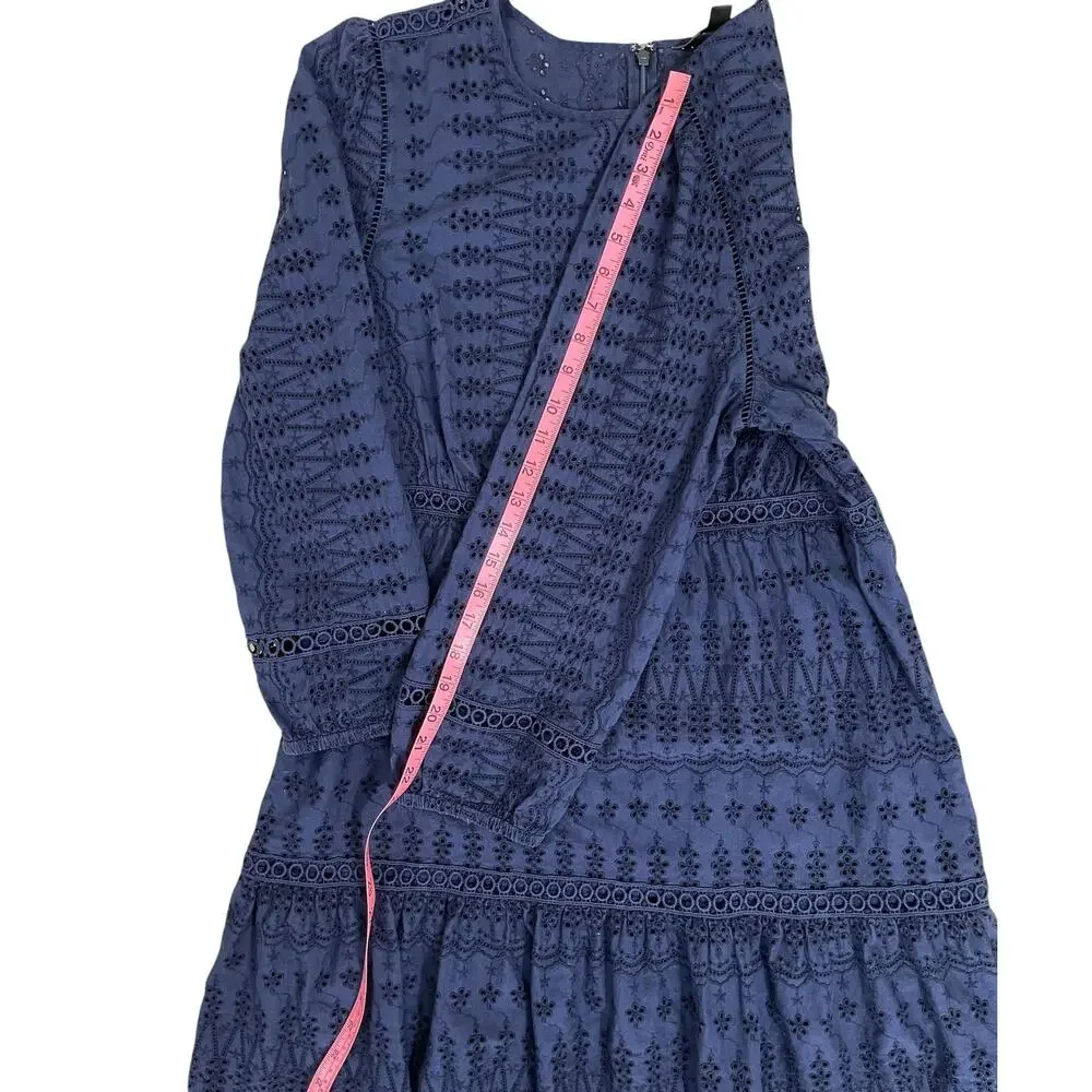 J. Crew Cotton Eyelet Lace Flutter Hem Dress Navy Blue Sz 12 Boho Chic Romantic